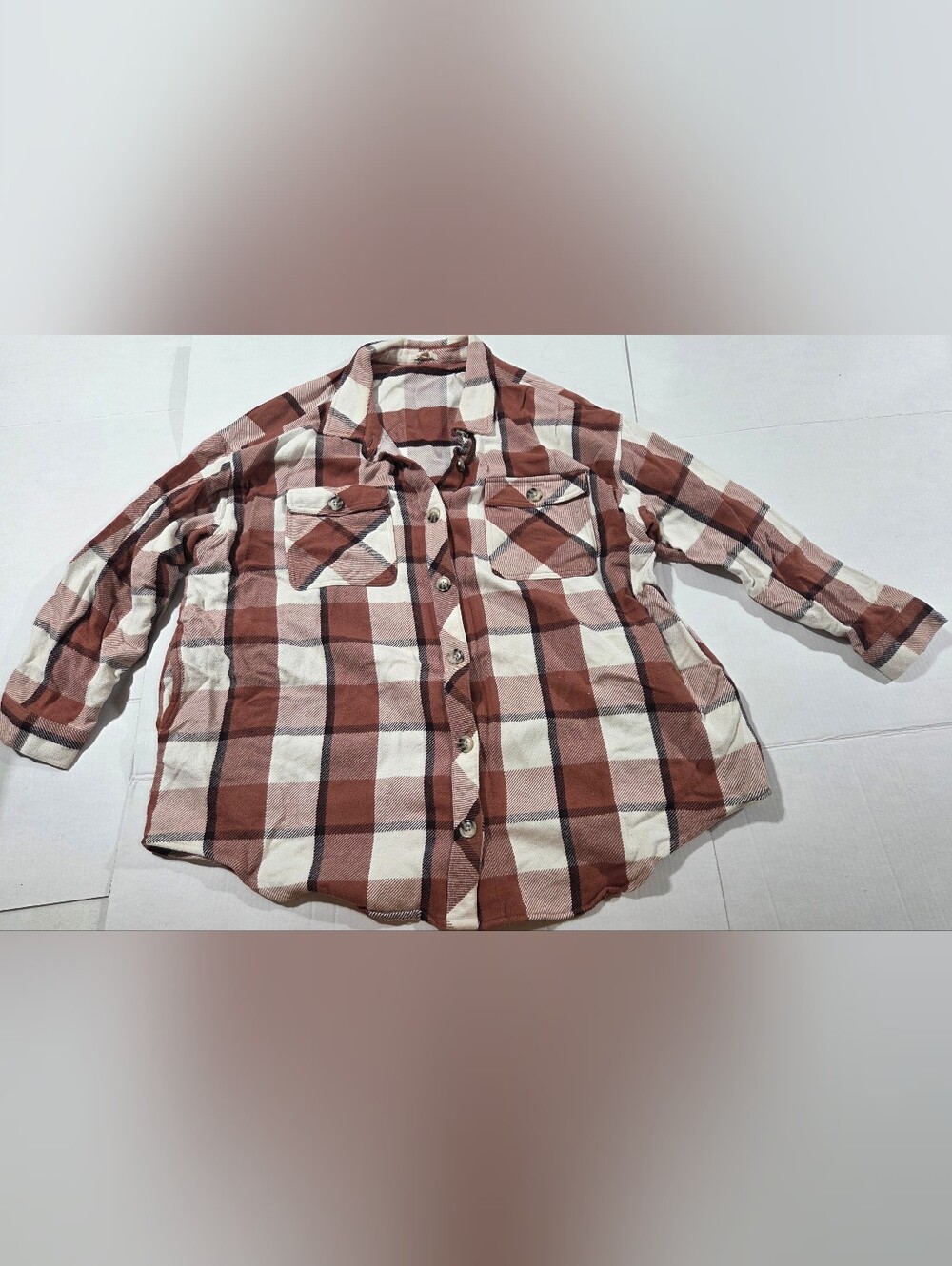 Maurices Brown and Cream Plaid Button-Down Shacket (G)